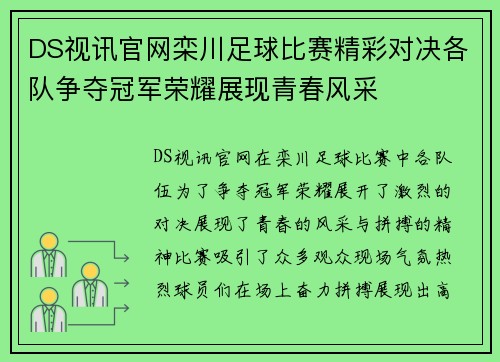 DS视讯官网栾川足球比赛精彩对决各队争夺冠军荣耀展现青春风采